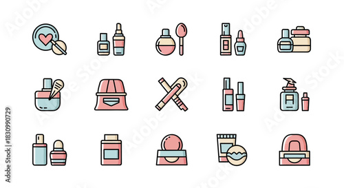 A pastel-colored, flat-style illustration featuring various cosmetic products. Each item is a separate icon, with black outlines. The icons include bottles, brushes, palettes, and containers