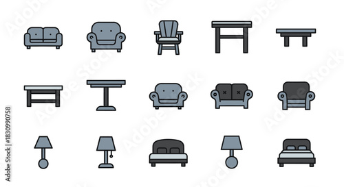 A flat design collection showcases various furniture pieces in shades of gray, outlined in black. Icons include sofas, armchairs, tables, beds, and lamps, all presented with a simple, graphic style