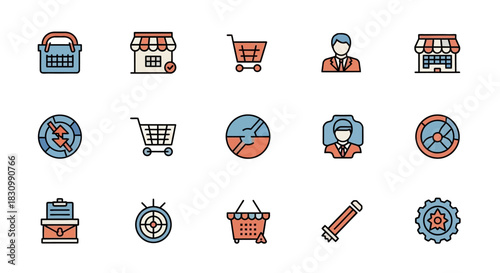 A collection of colorful, flat-style icons relating to commerce, business, and data analysis. These icons include shopping carts, pie charts, buildings, and people in various positions