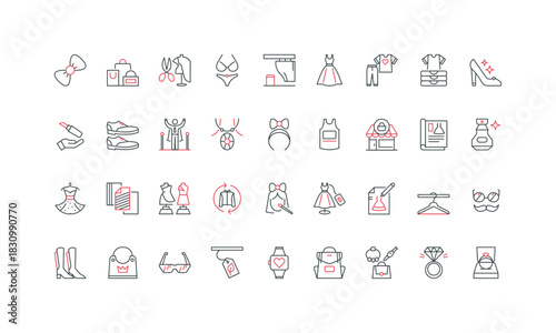 Fashion design of dress and bag, glasses, sewing of apparel and shoes line icon set. Luxury fashion show and boutique, beauty and makeup thin black and red outline symbols vector illustration