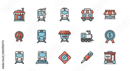 A collection of colorful, flat-style illustrations featuring trains, train stations, buttons, and other related elements, showcasing transport and commerce themes