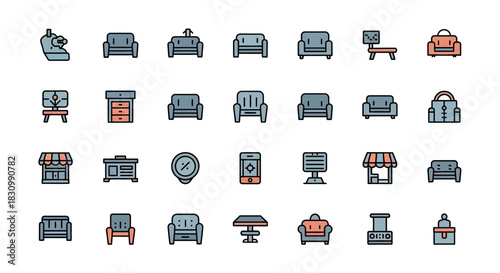 A collection of simple, colorful icons depicting furniture and various objects in a vector illustration style, arranged on a white background. The icons use outlines and filled shapes