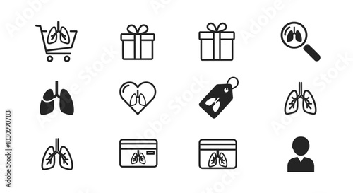A collection of stylized, black and white icons featuring the human lungs, presented in various contexts shopping cart, gifts, magnifying glass, heart, price tag, x-ray, and a silhouette