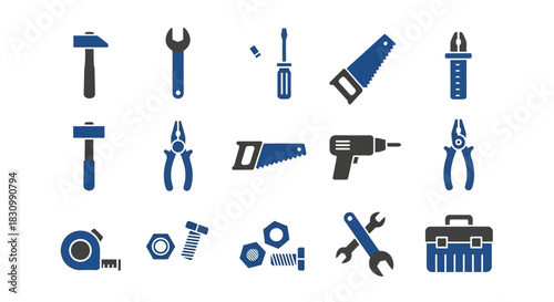 A flat design collection of tools featuring a hammer, wrenches, screwdrivers, saws, pliers, a drill, nuts, bolts, tape measure and a toolbox. These tools are rendered in blue and grey