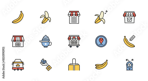 A collection of colorful, flat vector icons. Includes bananas, storefronts, a location pin, shopping cart, tool, a cup, a cart, and more, all with thick black outlines