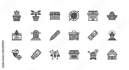 A collection of simple, outlined icons in a consistent style. They depict objects like plants, storefronts, and tools, using a neutral color palette
