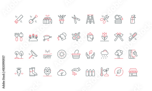 Garden tools, harvest of greenhouse and rural field, seedling plant growth line icon set. Gardeners equipment for hobby and agriculture works thin black and red outline symbols vector illustration