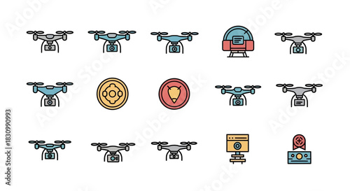 A collection of colorful, flat-style illustrations featuring aerial vehicles, awards, and circular design elements, perfect for design assets