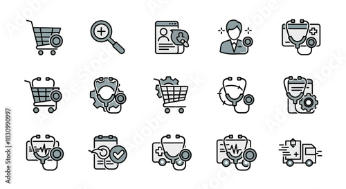 A collection of modern vector icons, with a healthcare and service theme. Cart, magnifier, profile, doctor, stethoscope, calendar, gear, and medical symbols are present