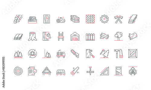 Wood raw material, sawmill and lumberjacks equipment, logging permit line icon set. Log grapple and chainsaw, tree trunk cuts, wooden pallets thin black and red outline symbols vector illustration