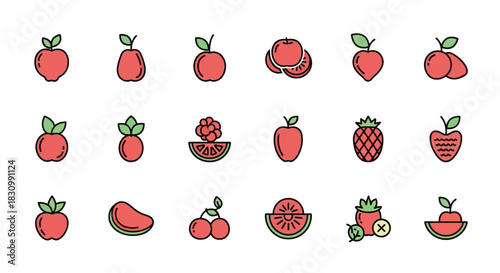 Collection of various fruit icons in a flat design style, featuring apples, strawberries, pears, pineapples, watermelon, kiwi, and cherries. Bright colors with green leaves