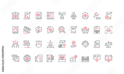 Law and justice, jurisdiction and gavel of judge, lawsuit line icon set. Corporate and international law, police and forensic, legislation thin black and red outline symbols vector illustration
