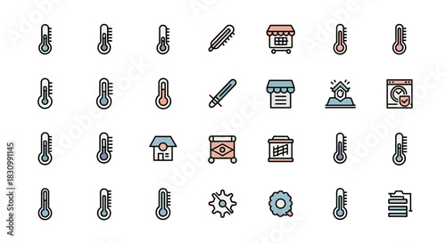 A set of colorful, simple icons including thermometers, a sword, shop fronts, and gears, arranged in a grid-like fashion. The icons have black outlines