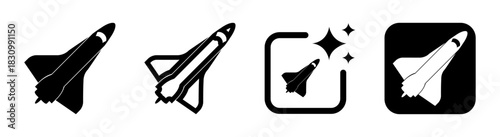 Space shuttle icon illustration of a futuristic black transparent vector spaceship in orbit