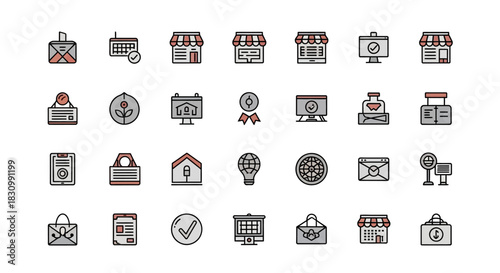 A collection of simple, colored icons featuring a variety of objects, including storefronts, signs, email, a flower, a check, and more. A flat, minimalist style is used