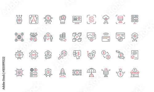 FinTech, smart contract, blockchain and cryptocurrency, online wallet line icon set. InsurTech, open banking and API, biometric authentication thin black and red outline symbols vector illustration