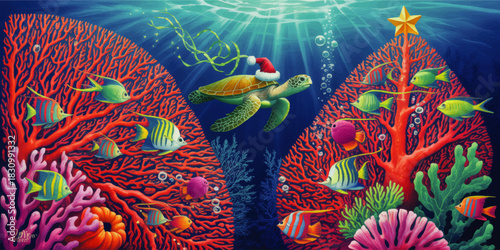 Festive sea turtle with Santa hat swimming over colorful coral reef Christmas scene with tropical fish and holiday ocean vibes