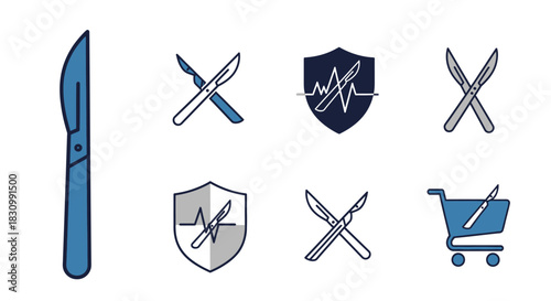 A series of stylized medical illustrations featuring various scalpel designs, shields with heart rate lines, and a shopping cart. Clean, modern aesthetic with a limited color palette
