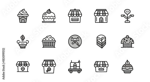 A collection of simple, outlined icons featuring various baked goods, storefronts, and a steaming cup. All icons use a consistent gray and white color palette