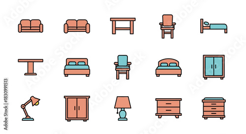 A collection of simple, stylized furniture icons, rendered with a consistent color palette, outlining in black and white backgrounds. Sofas, tables, chairs, beds, cabinets, and lamps are represented