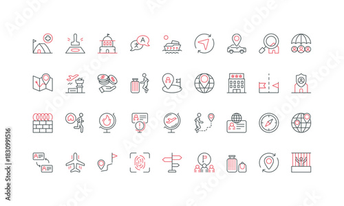 Migration and travel, change of country and region, citizenship line icon set. Immigrant and emigrant, displacement direction and transit, flight thin black and red outline symbols vector illustration