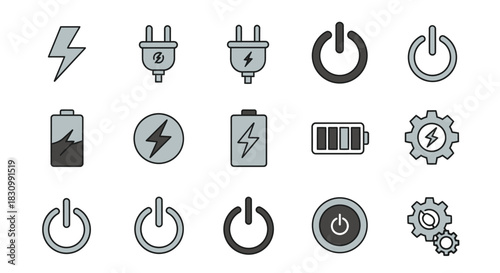 A collection of simple, stylized icons, mostly related to power, energy, and electronics. The designs include lightning bolts, plugs, battery levels, power buttons, and gear symbols