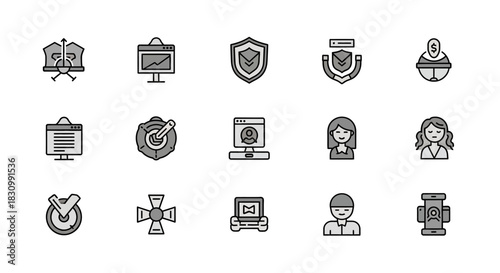 A collection of simple grey and black icons. These include charts, shields, screens, and people. Each has a thin black outline and is designed in a minimalistic style