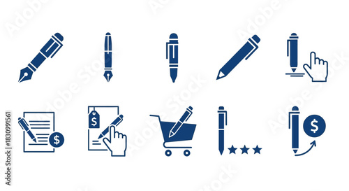 A collection of blue pen icons, showcasing various styles, uses, and concepts like writing, signing, shopping, reviews, and financial transactions