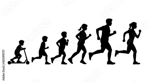 Silhouettes of a family progressing through life stages, from childhood on a scooter to adult running, symbolizing growth and activity. 141 chars