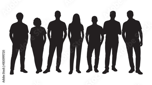 A diverse group of seven individuals, silhouetted against a clean white background, showcasing variety in height, gender, and build, representing humanity.