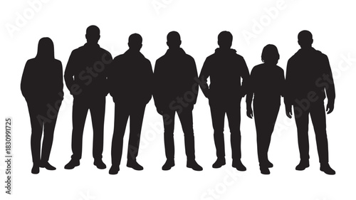 Diverse group of seven individuals silhouetted against a bright, clean background, showcasing unity and collective presence in a modern setting.