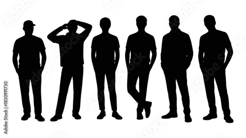 Diverse group of six men silhouettes standing together, showcasing different casual poses and attire, isolated on a clean white background for versatile use in design.