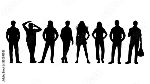 Diverse group of seven individuals silhouetted against a plain background, showcasing various poses and styles, representing teamwork and community.