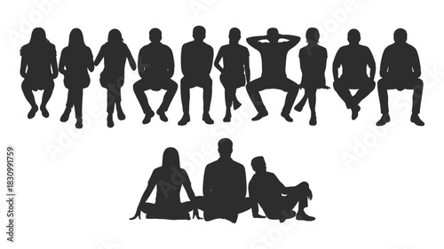 Diverse group of people in silhouette, sitting and standing, conveying community, diversity, and casual interaction, isolated on white