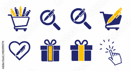 A set of eight vector icons, featuring a shopping cart, magnifying glasses, a heart, gift boxes, and a finger-pointing click symbol, all with a pen theme