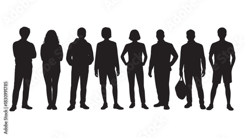Diverse group of silhouette figures representing men and women standing together, showcasing diversity in gender and stature, isolated on a plain backdrop.