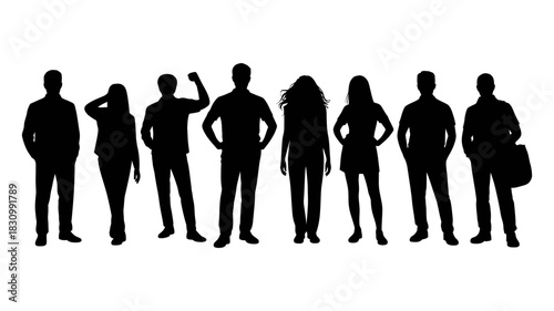 Diverse group of seven people silhouetted against a white background, showcasing various poses and styles, symbolizing community and individuality, isolated figures.