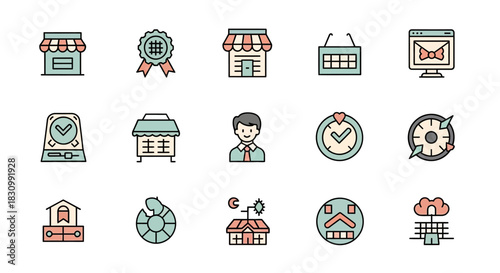 A collection of simple, colorful vector icons featuring various concepts like business, time, and navigation. Rendered with clean lines and a soft, pastel color palette