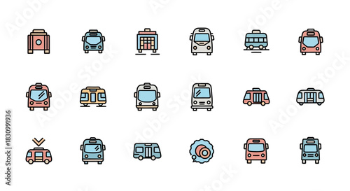 A collection of 18 different bus and transportation vehicle icons, styled in simple vector format, with various colors and designs. The illustrations are uniform, suitable for UI or general design