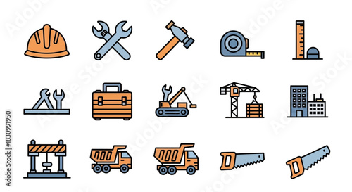 An illustrated construction theme with various tools, machinery, and structures depicted in a colorful, flat design style. The image showcases essential building elements
