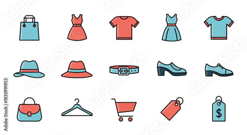 A colorful collection of flat-style icons representing fashion and shopping items, including clothing, accessories, and shopping tools. Outlines and fills define each object