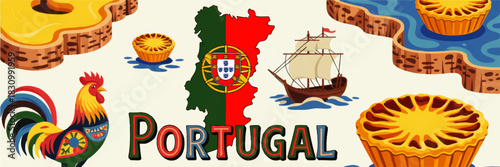 Colorful Portugal travel illustration with map, flag, rooster, sailing ship and traditional custard tart pastel de nata