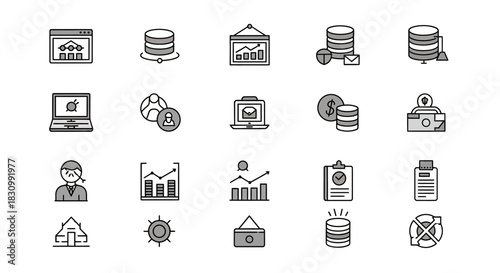 Collection of gray-toned, simple icons depicting business and technological concepts. Graphics include computer screens, graphs, database symbols, people, charts, money and other financial elements