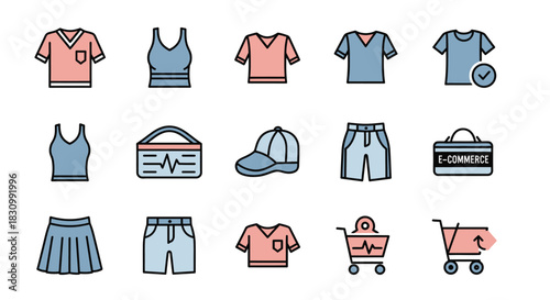 Colorful line art vector graphic of various clothing and e-commerce symbols. Includes tops, bottoms, accessories, shopping carts, and medical imagery. Color scheme of pink, blue, black, and white