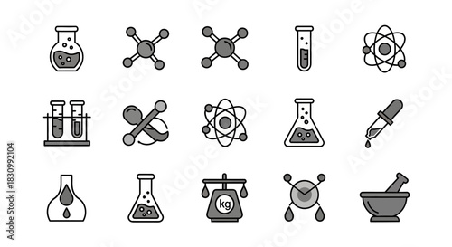 Set of grayscale science-themed icons in a clean, minimalist style. Features lab equipment flasks, beakers, atom models, test tubes, scales, droppers, and a mortar and pestle