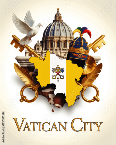 Vatican City emblem illustration with St Peter’s Basilica dome, papal keys, map silhouette, white dove and golden religious symbols