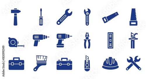 A collection of blue tool icons against a white background, including hammers, saws, drills, wrenches, and more. A toolbox and hard hat complete the set