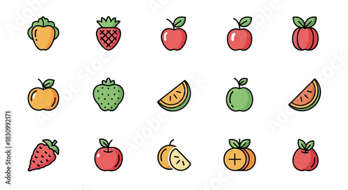 A colorful collection of stylized fruit icons, including apples, strawberries, watermelon, and oranges, each with a distinctive appearance and outlined in black on a white background