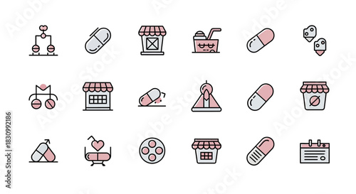 A collection of simple, flat icons, mostly pharmaceutical related, featuring pills, shops, charts, and abstract shapes, designed with outlines and a pastel pink-gray color scheme