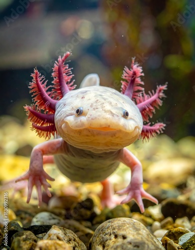 Charming axolotl under water, pink gills frilling, resting on pebbles with bright light streaming from above